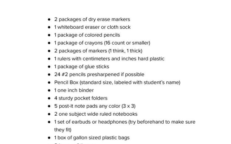 Grade 2 Supply List 2026-2027